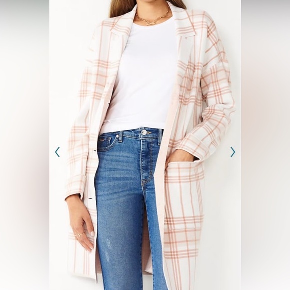 NINE WEST CARDIGAN COAT JACKET TRENCH COAT WOMEN LARGE Off White/Pink Plaid - Picture 4 of 4
